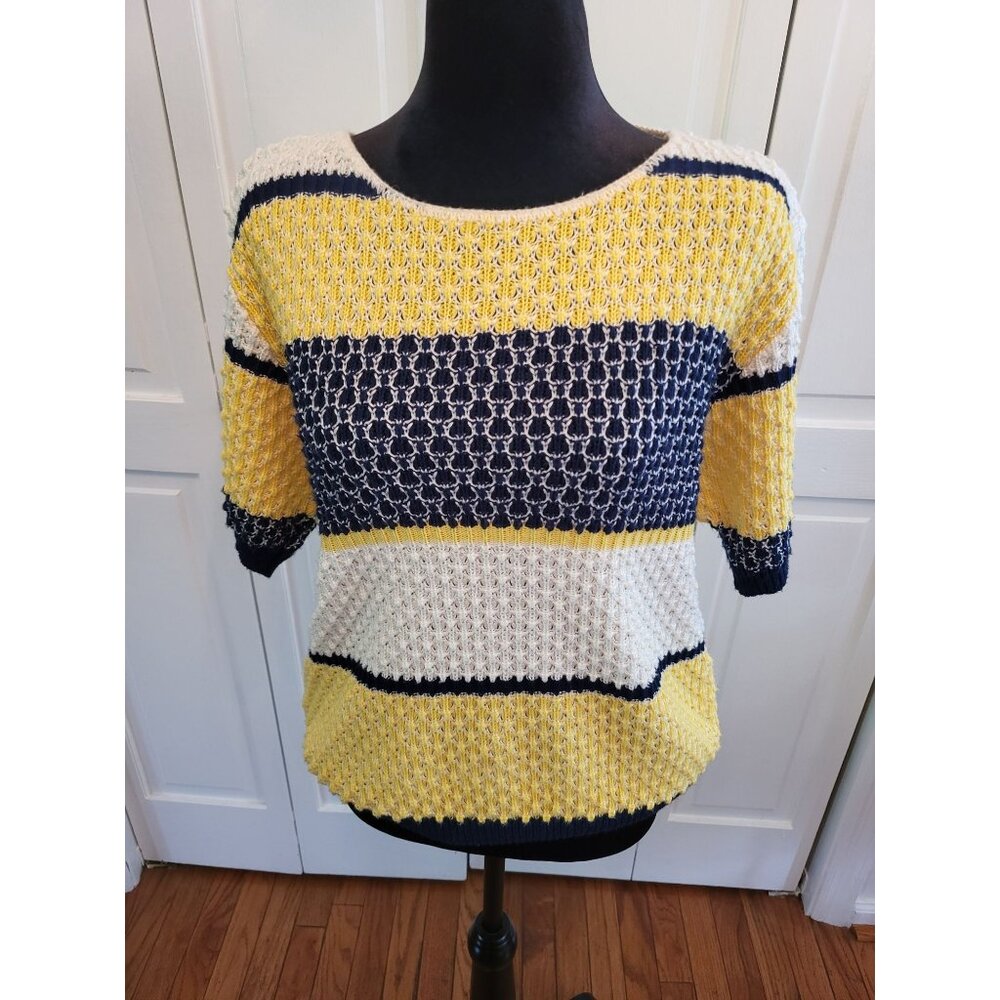 Vintage 80's Navy and Yellow Striped Short Sleeve Sweater sz S Coastal Preppy